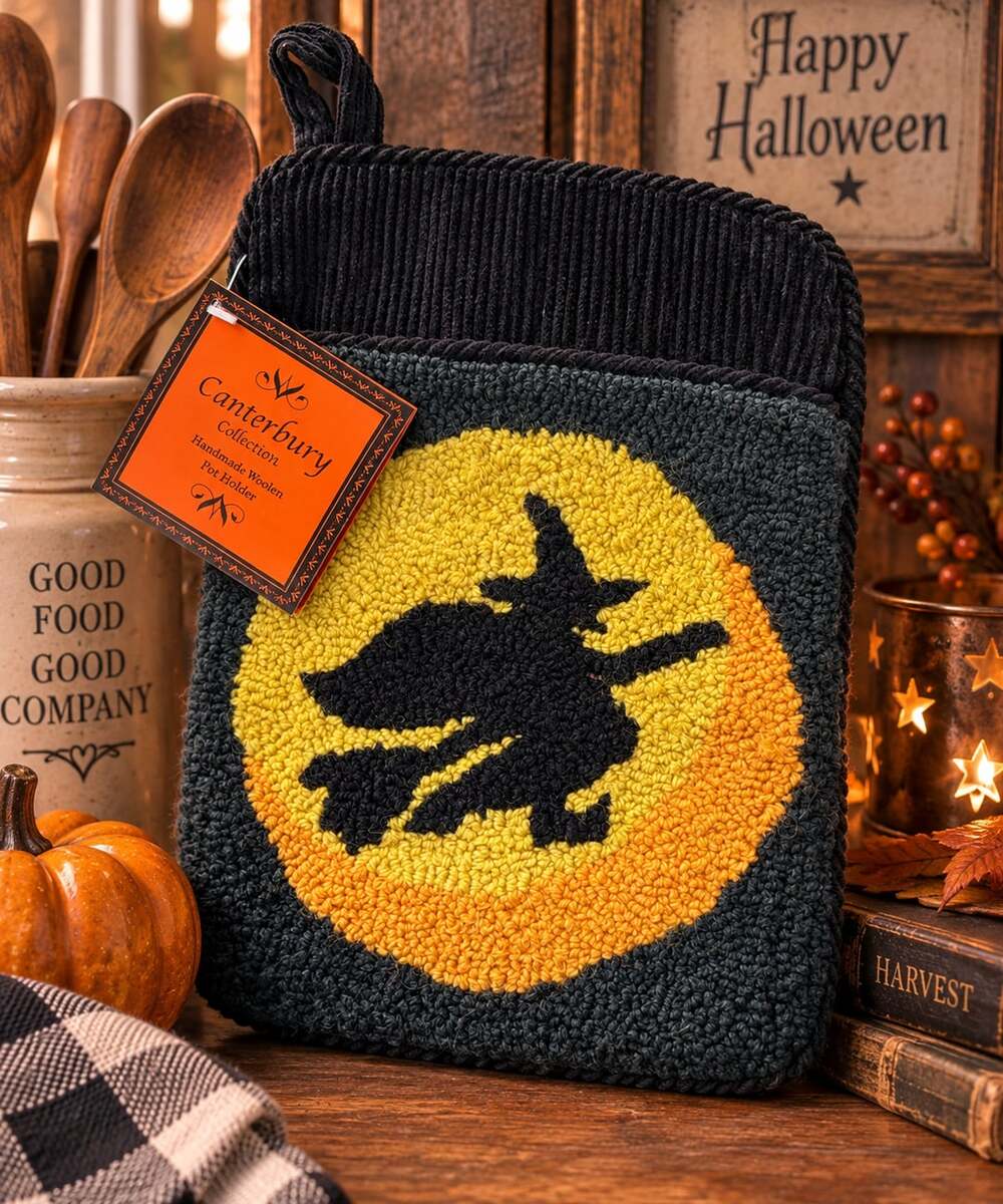 Canterbury Collection Black Witch Pot Holder Hooked Corduroy Handmade NWT Vtg